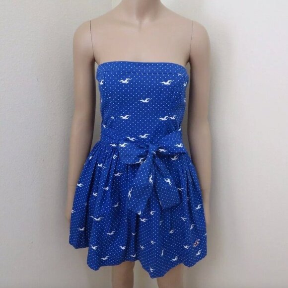 NWT Hollister Womens Polka Dot Seagull Strapless Dress Size Medium Blue Bow - Picture 1 of 7